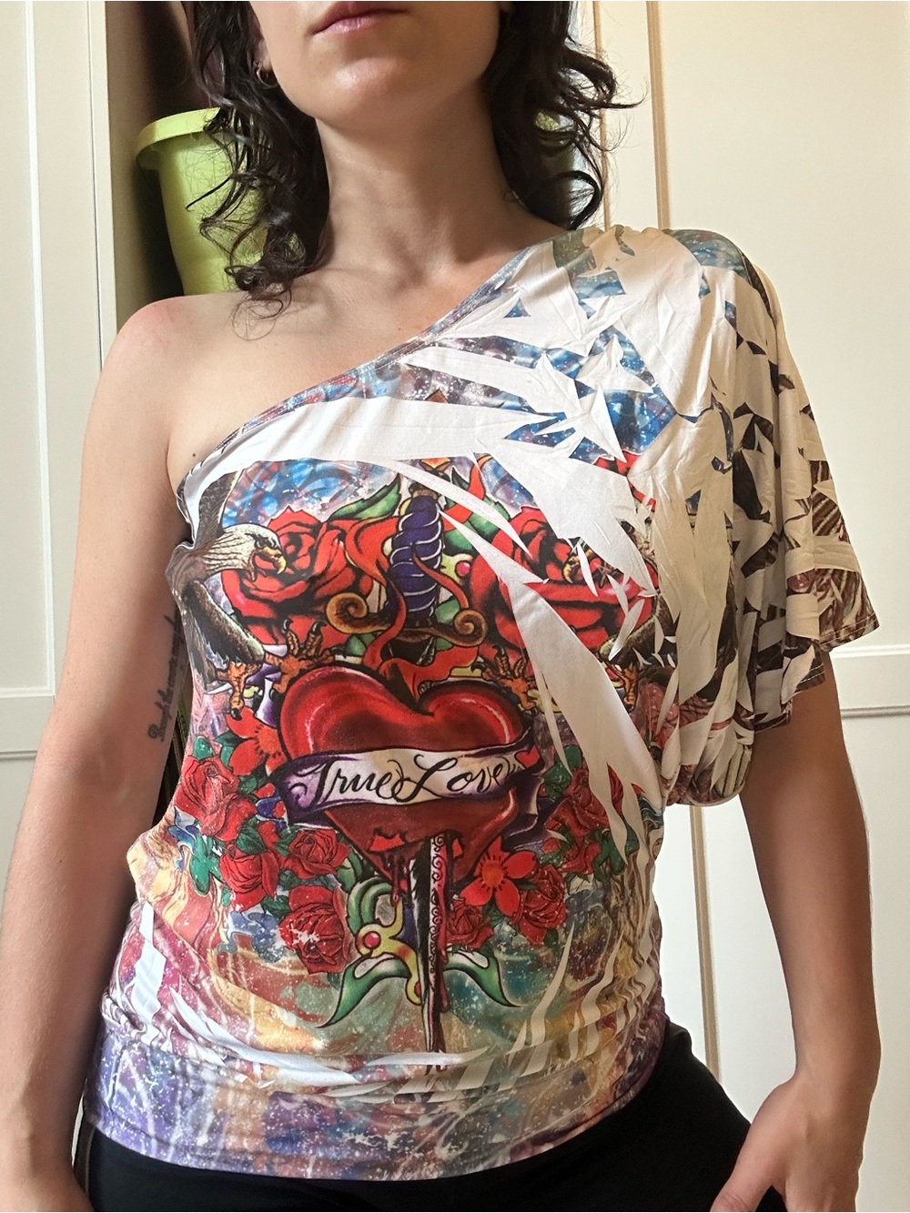 True Love One-Shoulder Graphic Tee - White with Red Accent